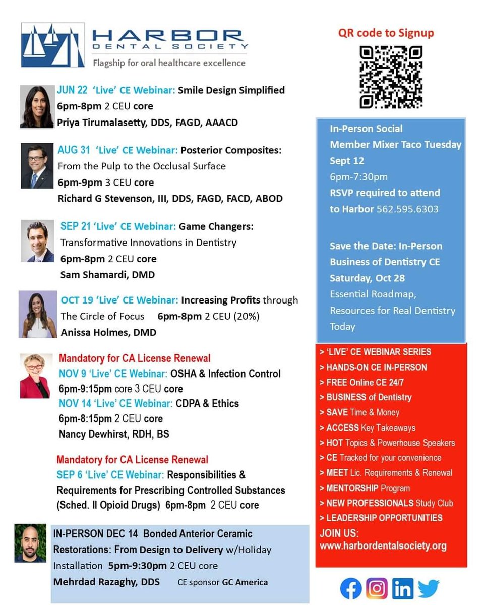 KrisAvina's tweet photo. Check out and be sure to register...Harbor Dental Society has updated its events calendar for upcoming 'live' CE Webinars and in-person CE along with Oct. 28th Business of Dentistry CE and Ask Me Anything Forum plus Sept. 12 Member Mixer. #memberbenefits #dentists #dentistry https://t.co/DhIKQOmCDl