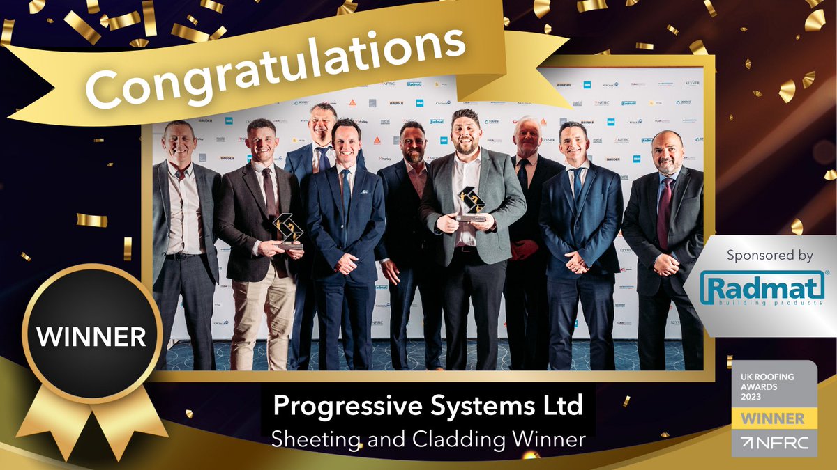 Congratulations once again to Progressive Systems Ltd for winning the #RA2023 Sheeting & Cladding Award, sponsored by @RadmatOfficial ⭐👏 #RoofingAwards2023 #Radmatofficial