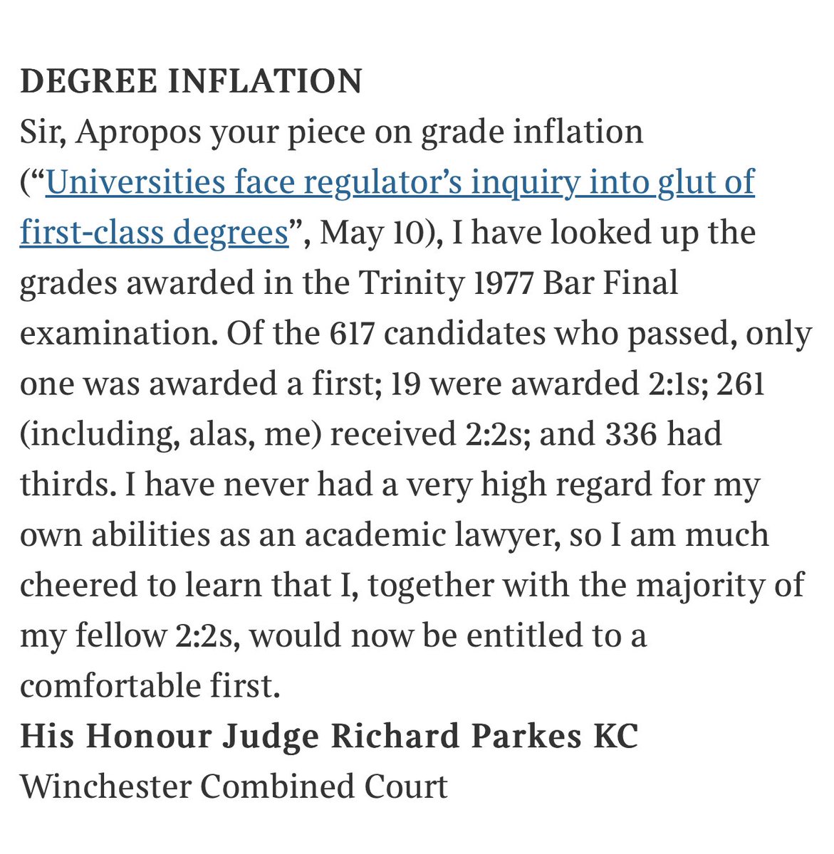 Anyway while most of Twitter gnash their teeth about libel cases,this letter to <a href="/thetimes/">The Times and Sunday Times</a> last week by a former star of it &amp; now circuit judge,may soothe.

Genuinely one of the most delightful, kind &amp; clever judges,this self deprecating letter is HHJ Parkes KC all over. Love him.