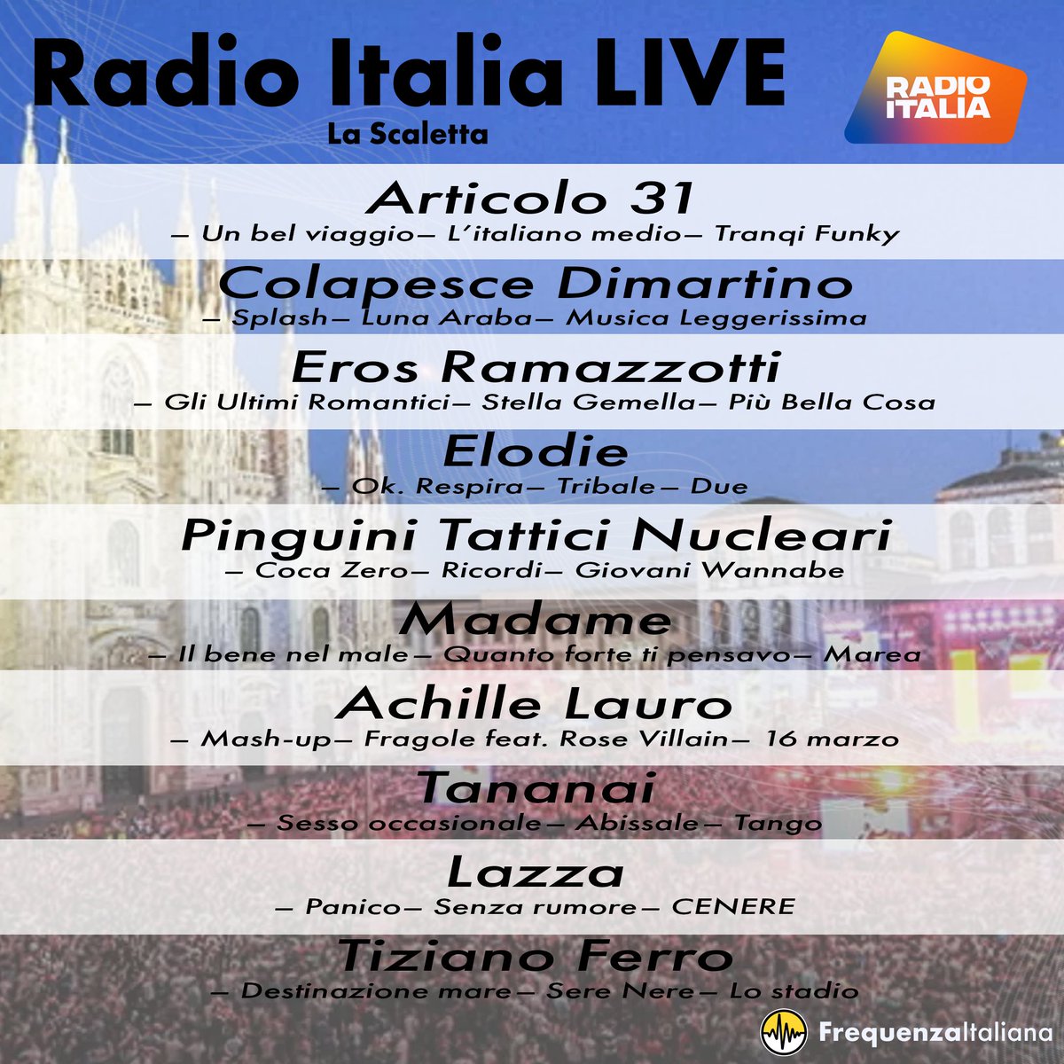 La scaletta del Radio Italia LIVE #rilive #lazza# tizianoferro #achillelauro #milano #tananai #musicaitaliana #frequenzaitaliana #elodie #articolo31 #colapesce #dimartino #erosramazzotti