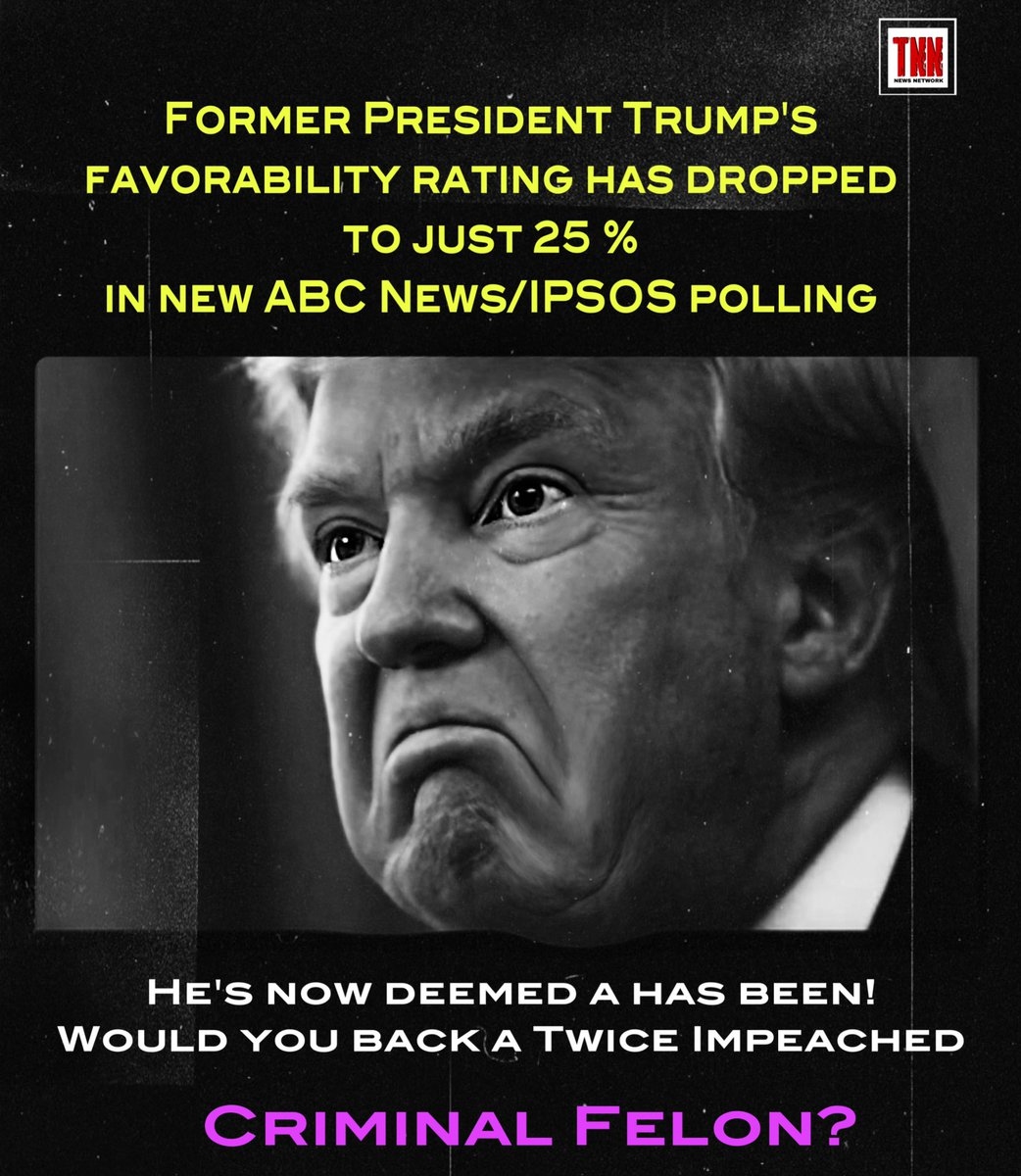 Former President Trump's favorability rating has dropped to just 25 percent in new ABC News/IPSOS polling.
#trump #maga #abc #msnbc #cnn #fox #cbs #maralago🙊🙊🙊🙊 #NFLDraft? #FutureofFootball #Saints #RavensFlock #NationalSiblingsDay  
Original: TNNNetworkNews