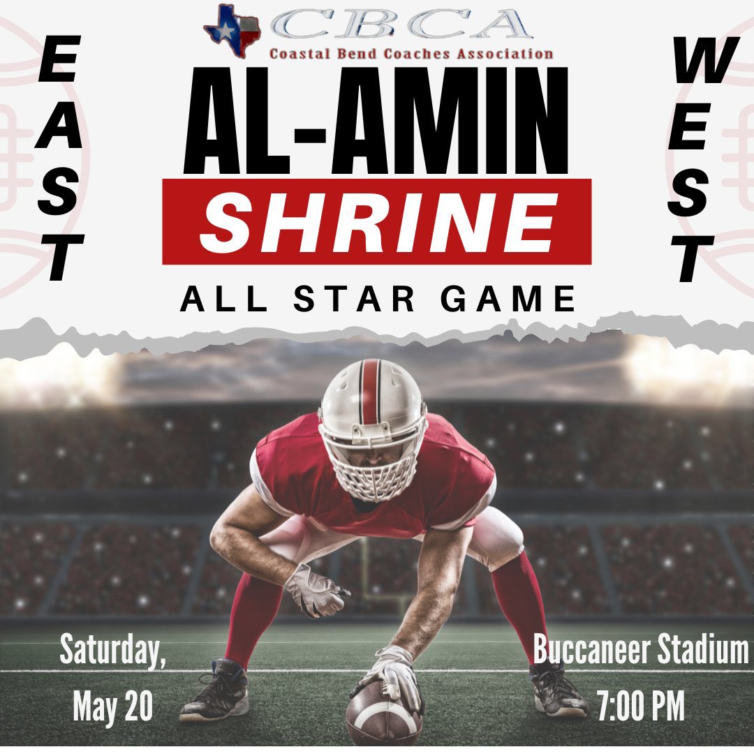Al-Amin Shrine East/West All-Star Football Game Tonight. Kickoff is at 7pm. Come out and see some of the Coastal Bends best. <a href="/ChrisThomasson7/">Chris Thomasson - KIII Sports</a> <a href="/CallerSports/">Caller Sports</a> <a href="/LarissaLiska/">Larissa Liska</a>