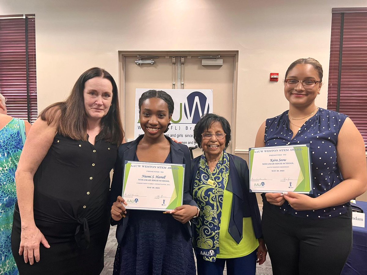 MiramarScience's tweet photo. Congratulations to Naomi Harrell &amp; Keira Seow for being awarded the Women in STEM scholarships from the Weston American Association of University Women! #patriotscholars #womeninSTEM @msformoso @BrowardSTEM https://t.co/nKX3atTmft