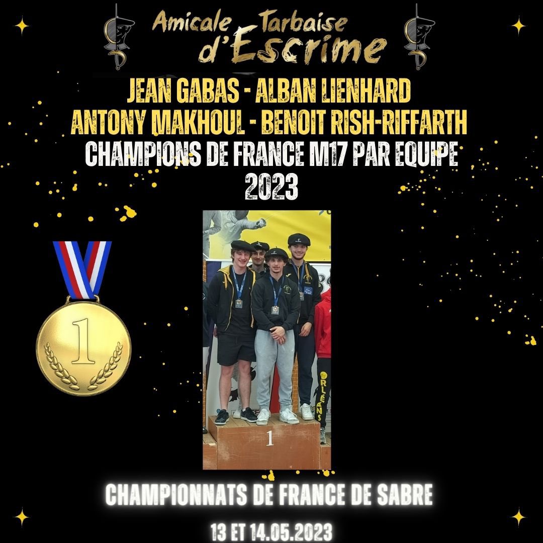 ATEscrime's tweet photo. Championnats de France Sabre M17 
- Céline Giraud Championne de France 🥇(pour la deuxième année consécutive !! ) 
- Jean Gabas, Alban Lienhard, Antony Makhoul, et Benoît Rish-Riffarth Champions de France 🥇par équipe https://t.co/xQHVtiUrZZ