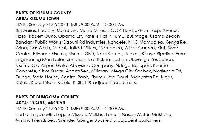 KenyaPower_Care's tweet photo. Hello, the following areas are on maintenance tomorrow, 21st of May 2023.^MM https://t.co/LunbdkrOji