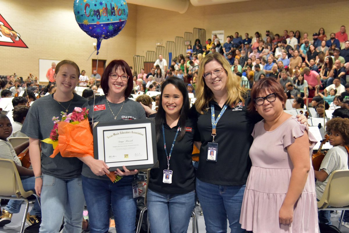 Sonya Pitcock, Curtis Middle School Principal, was recently surprised with the Distinguished Administrator Award from <a href="/TMEA/">TMEA</a>. She was nominated by Amanda Su, Curtis Orchestra Director, for her dedication to supporting music programs at Curtis. Way to go, Mrs. Pitcock!
