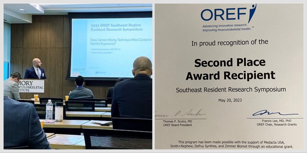 Congratulations to Dr Chaharbakhshi and @jpisquiyMD on the 2nd place win today @OREFtoday  Southeast Resident Research Symposium!  Special thanks to Dr Nurkiewicz and the inhalation tox team @WVUhealth for this work focused on Orthopaedic workplace safety