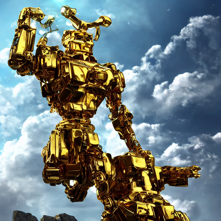 CREAIT_OFFICIAL's tweet photo. A majestic giant robot with a humanoid face, made from gold and jewels, standing atop a mountain peak surrounded by clouds and stars. 8k resolution, hyper-realistic #aiart #aigeneratedart https://t.co/S53s2Uj6AW
