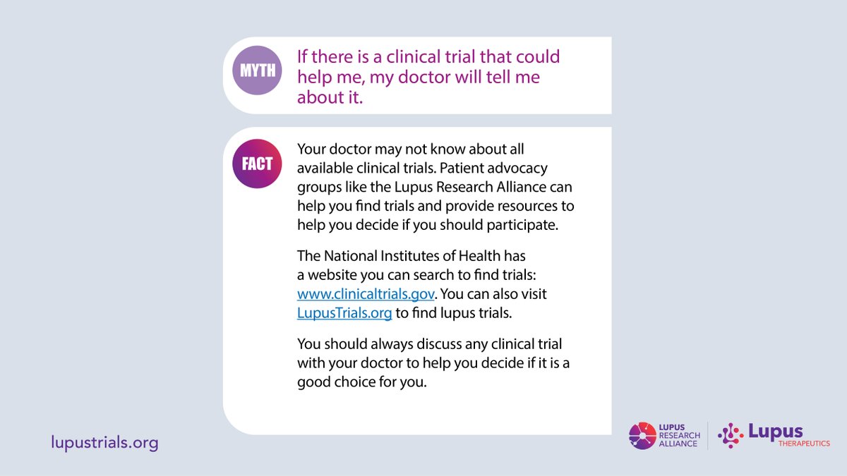 Today is #ClinicalTrialsDay, and one very important way #ManyOneCan advance new treatments for lupus is to participate in the research process. 

Scroll through for some common myths and facts about lupus clinical trials.