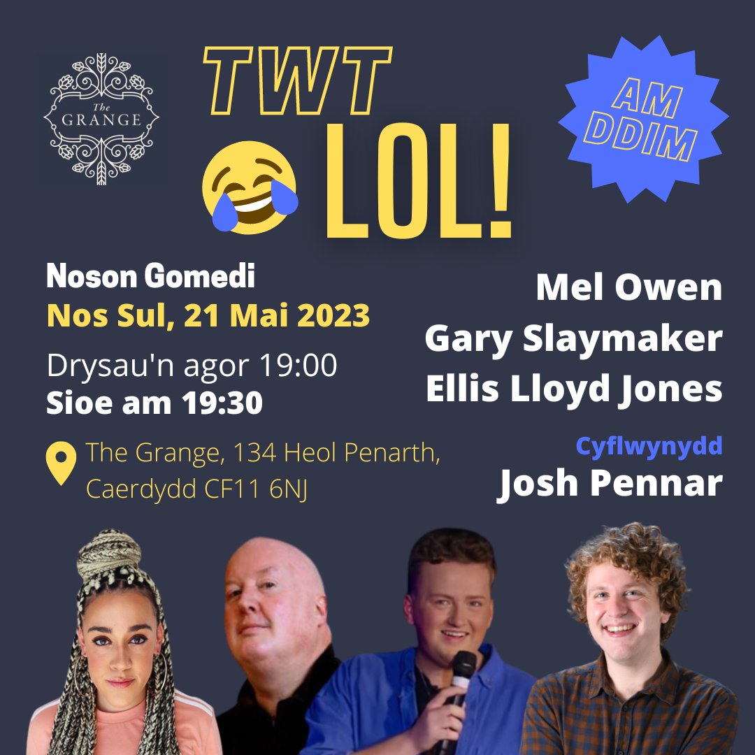 24 awr i fynd ⏳
Sêr y teledu, y radio a ThikTok
⭐ <a href="/MelOwenComedy/">Mel Owen</a>
⭐ <a href="/TheSlay/">Gary Slaymaker</a> 
⭐ <a href="/EllisLloydJone1/">Ellis Lloyd Jones</a>
⭐ <a href="/Harrithedobb/">Dobbsi</a>

Dim llawer o fyrddau/seddi ar ôl felly e-bostiwch neu ffoniwch <a href="/PubGrange/">The Grange Pub</a> nawr:

📞 029 2025 0669
📨 info@thegrangecardiff.co.uk

#yagym #caerdydd #cymraeg