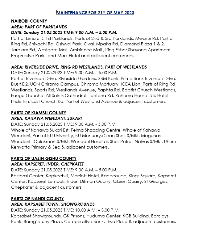 KenyaPower_Care's tweet photo. Hello, the following areas are on maintenance tomorrow, 21st of May 2023.^MM https://t.co/LunbdkrOji