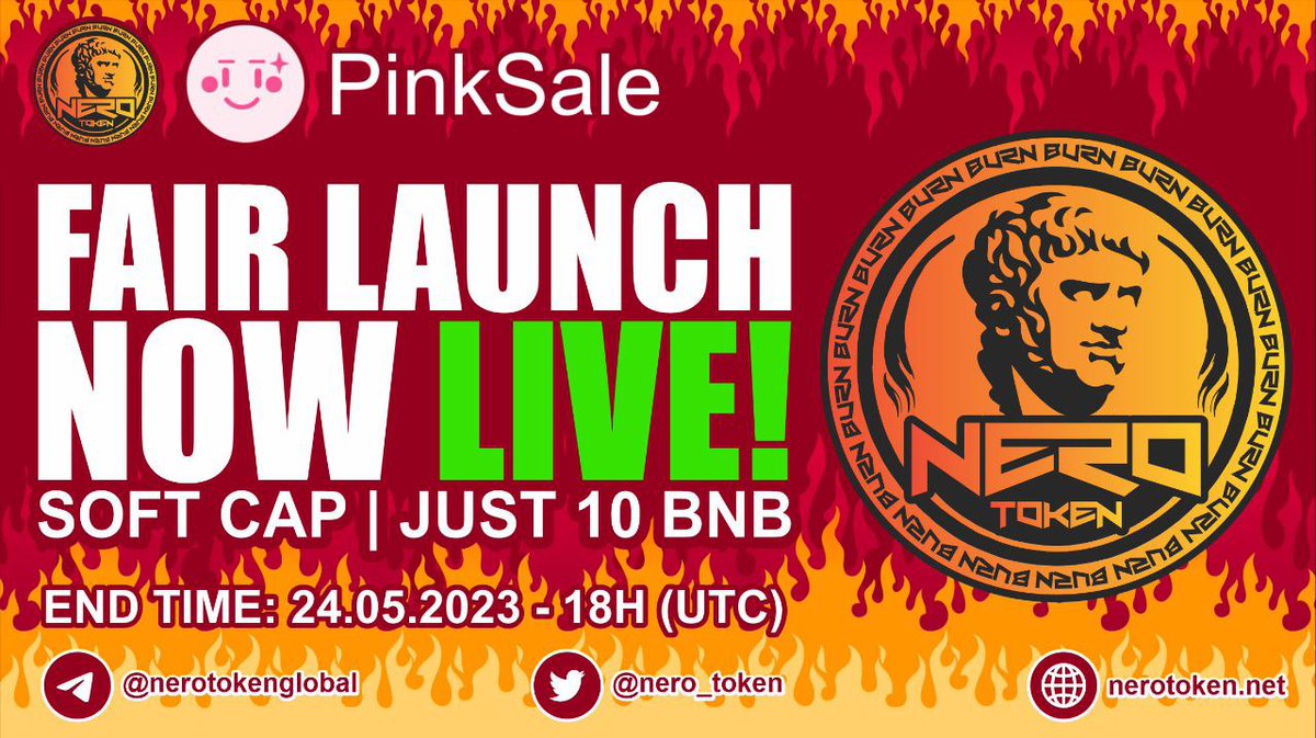 🔥NERO TOKEN  FAIRLAUNCH IS NOW LIVE ON PINKSALE!🔥

🚀Buy Now Here - Softcap is Just 10 BNB, fill your Bags! 
bit.ly/neropresale

🏁End Time: 24.05.23 - 18H (UTC)

$NERO is a Hyper-Deflationary project with automatic burns on every transaction, BUSD Rewards and utility with