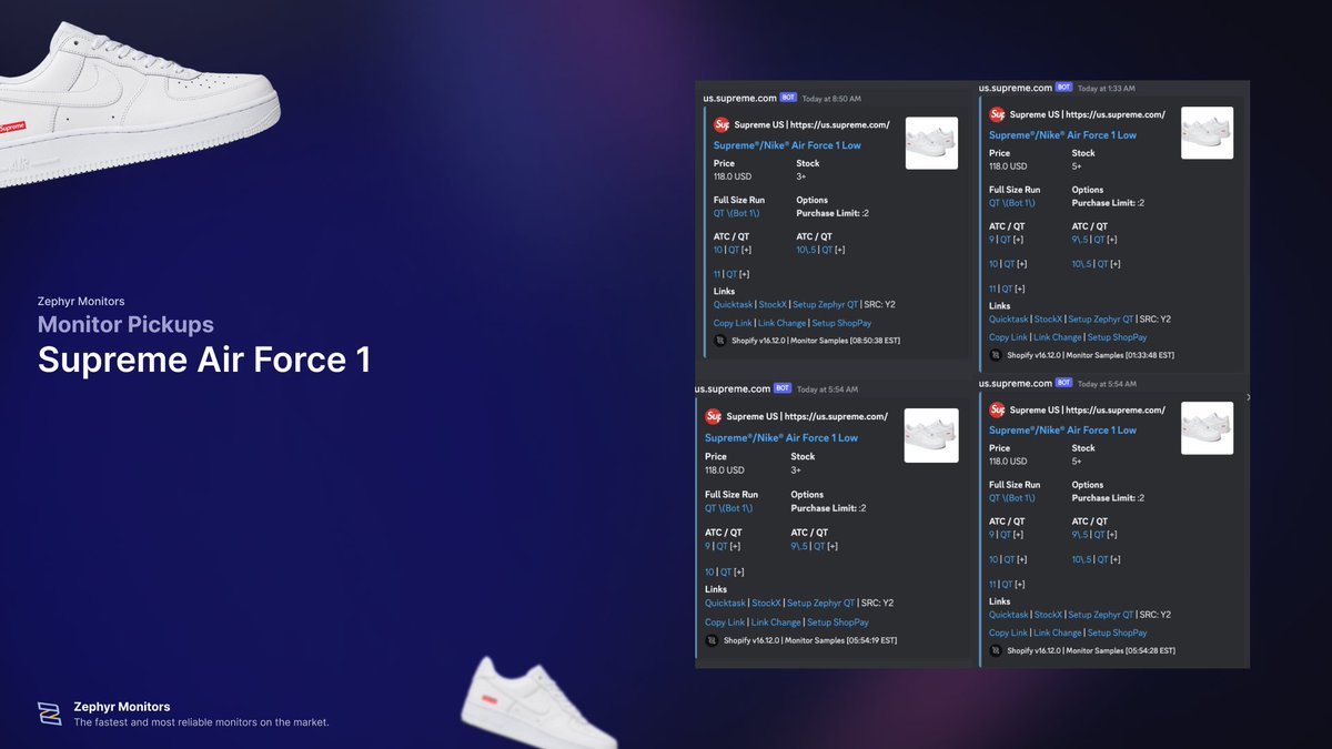 Supreme Air Force 1 Restocks 🎯



Zephyr was one of the only providers to ping the latest wave of restocks!

Start your free trial today at zephyrmonitors.com