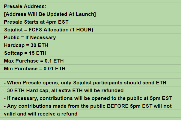 🍶 Sojulist Update🍶

We wanted to structure the Presale in a way that would be easier for participants

However, we've heard your concerns and decided to make a few changes

If you send ETH before 5pm EST and are not on Sojulist, IT WILL BE SENT BACK.

docs.google.com/spreadsheets/u…