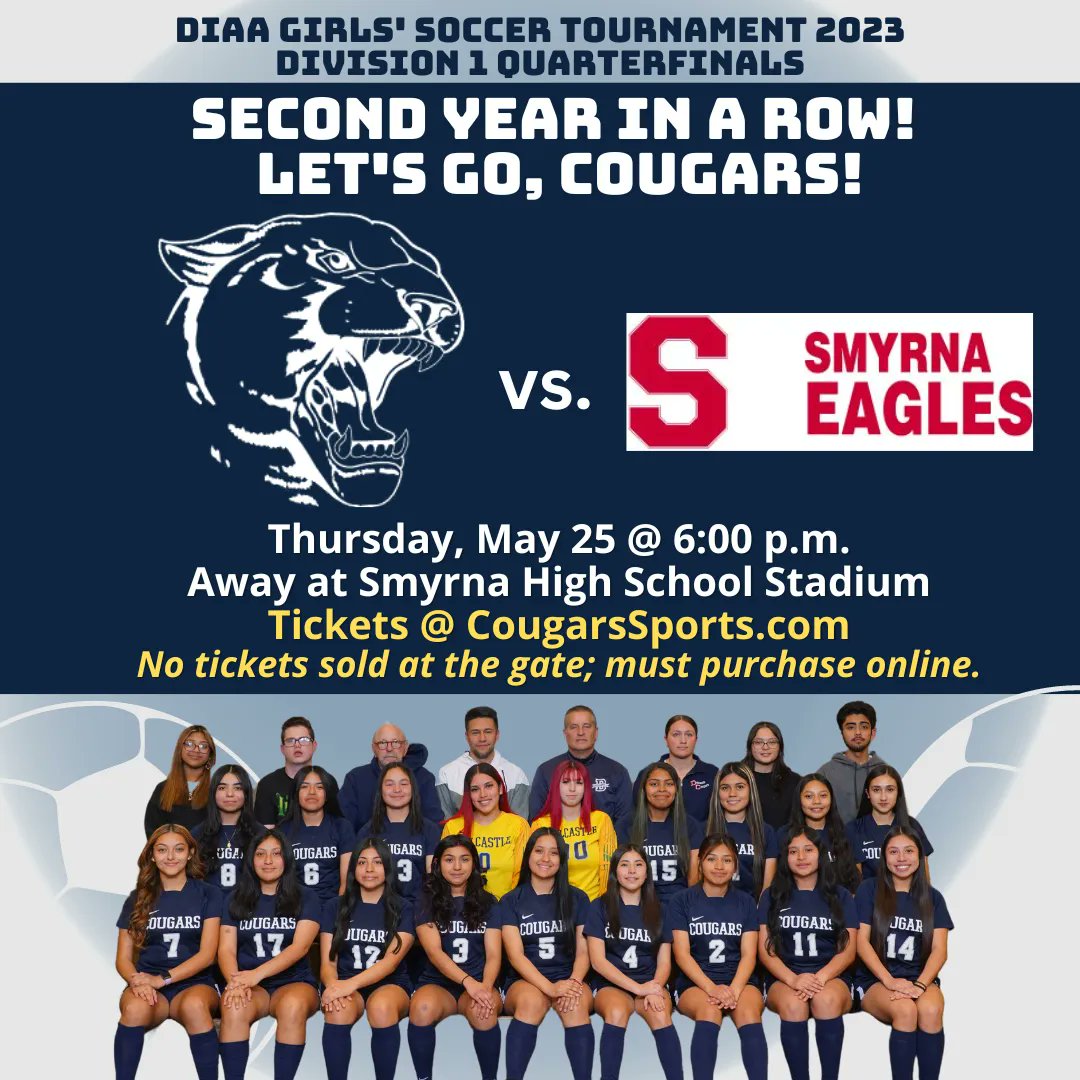 ⚽Tournament Alert!⚽ Our Cougars soccer squad has qualified for Division 1 State Tourney for 2nd year in a row! 💪 📅 Thurs., 05/25 🕕 6pm 📍 Smyrna High Stadium 🎟️ Tickets only online @gofan.co or CougarsSports.com #NCCVTworks #CougarNation #delhs
