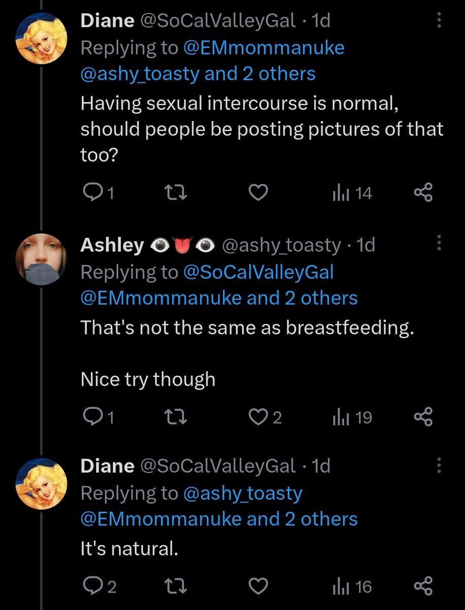 I've come to the conclusion that Diane is either scared of boobies or has low self-esteem in said boobie department

#misogyny #breastfeeding #breastfeedingsupport #breastfeedingfriendly