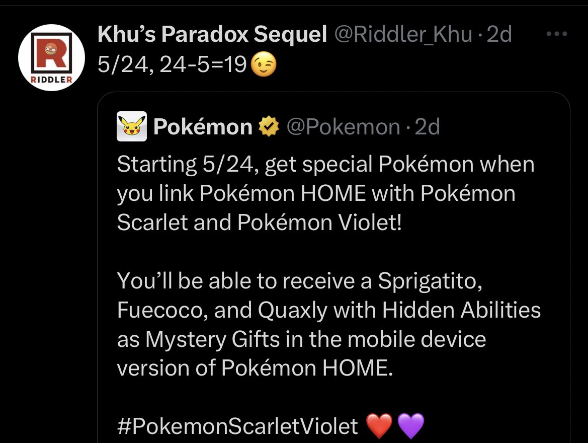 Pokémon on X: Starting 5/24, get special Pokémon when you link Pokémon  HOME with Pokémon Scarlet and Pokémon Violet! You'll be able to receive a  Sprigatito, Fuecoco, and Quaxly with Hidden Abilities