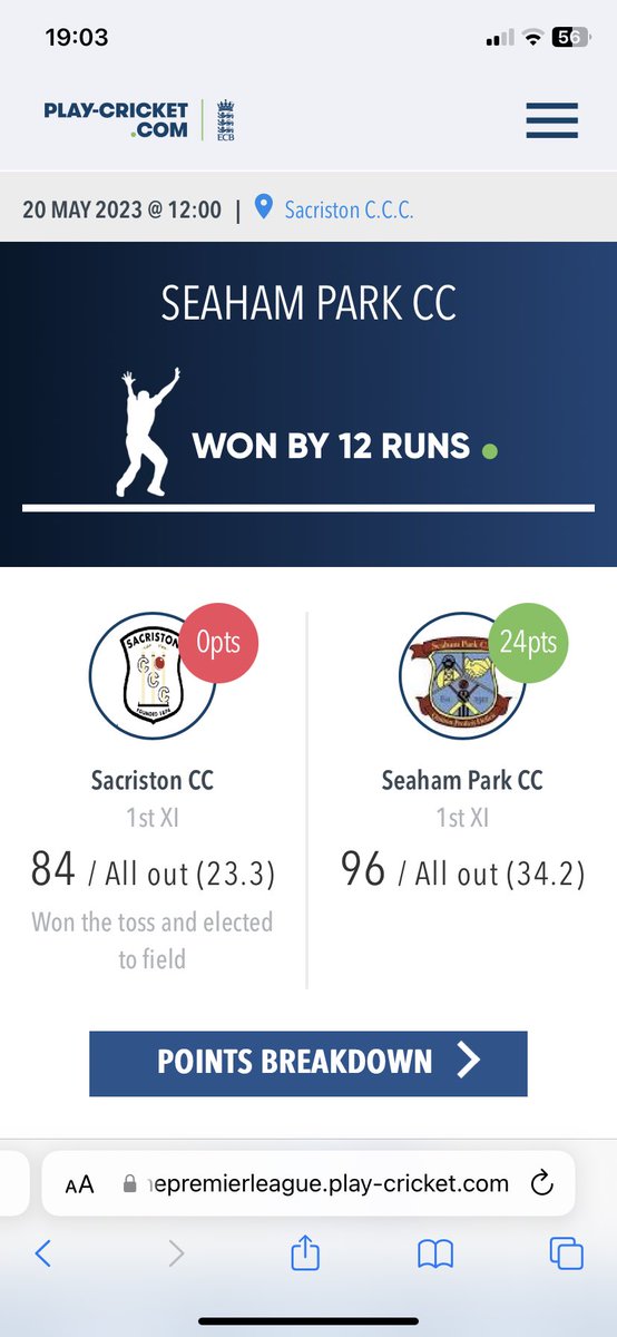 SeahamParkCC's tweet photo. WHAT A WIN!

1XI won by 12 runs after being bowled out for 96. Kezza with 5/29 on debut and Treds with 4/14. Top Top win against a great Sacriston side 👏🏼👏🏼👏🏼 https://t.co/X8KruazzeU