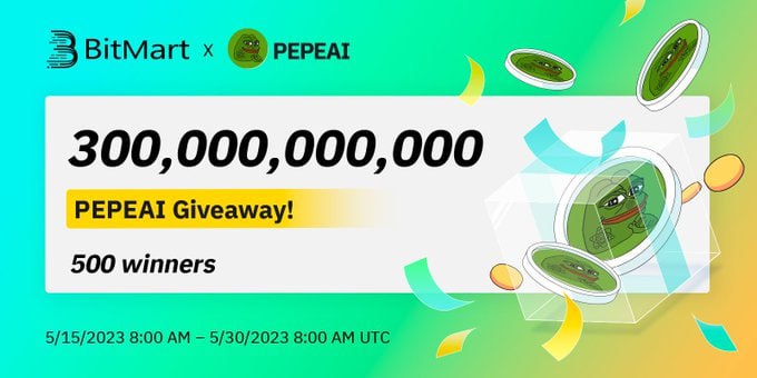🚀 Giveaway: BitMart x PEPEAI
💰 Value: 300,000,000,000 PEPEAI.
🎁 Referral: NA
📆 End Date: 30th May, 2023
⏳ Distribution Date: TBA

🎐Giveaway Link  : t.me/AirdropsGun/25…

 @PepeAIcoin #AirdropsGun  #Giveaway #DYOR #NFA #cryptocurrency #PEPEAI