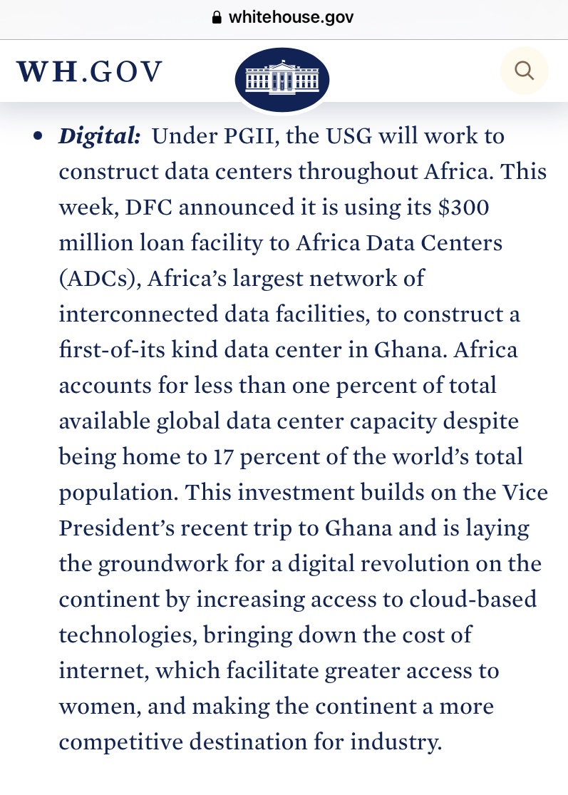 USEmbassyGhana's tweet image. Building up on @VP’s visit to Ghana, the U.S. government will strengthen its economic partnership with Africa by investing in the continent's digital economy. Using its loan facility for Africa Data centers, @DFCgov will bring a first-of-its-kind data center to Ghana.