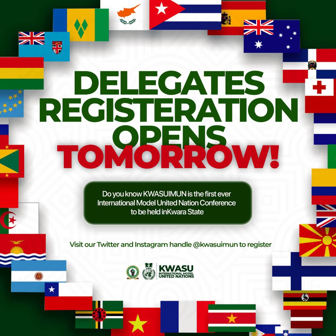 📢 Exciting News; Less than 24hours to go to the opening of the delegates registration!🎉 

Don't miss your chance to secure your spot! Get ready to sign up and be part of an incredible experience. Stay tuned for the link tomorrow! 
#KwasuIMUN23 #ModelUN