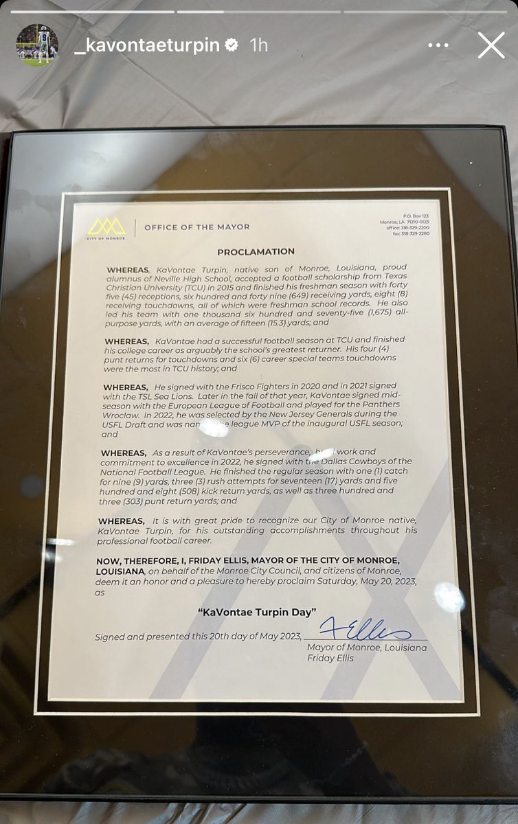 From now on, May 20th will forever be known in Monroe, LA as “KaVontae Turpin Day.” The #Cowboys Pro Bowl returner was honored on Saturday for his NFL achievements by the city and Mayor Friday Ellis. #DallasCowboys (📸: @KaVontaeTurpin IG)