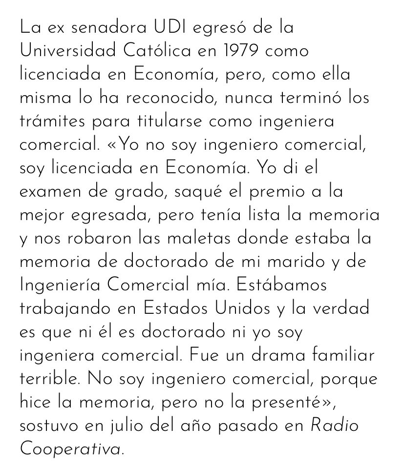 hernan_sr's tweet photo. Ya que la derecha está cuestionando si Elisa Loncón tiene titulo o no 
AFIRMENSE 
Evelyn Matthei  no-tiene titulo ...
y una vez que le preguntaron dijo la peor chiva del mundo:
🔴Evelyn Matthei: " Yo no soy ingeniero comercial, soy licenciada en economía, tenía lista la memoria y NOS ROBARON LAS MALETAS DONDE ESTABA" 
PLOP @evelynmatthei