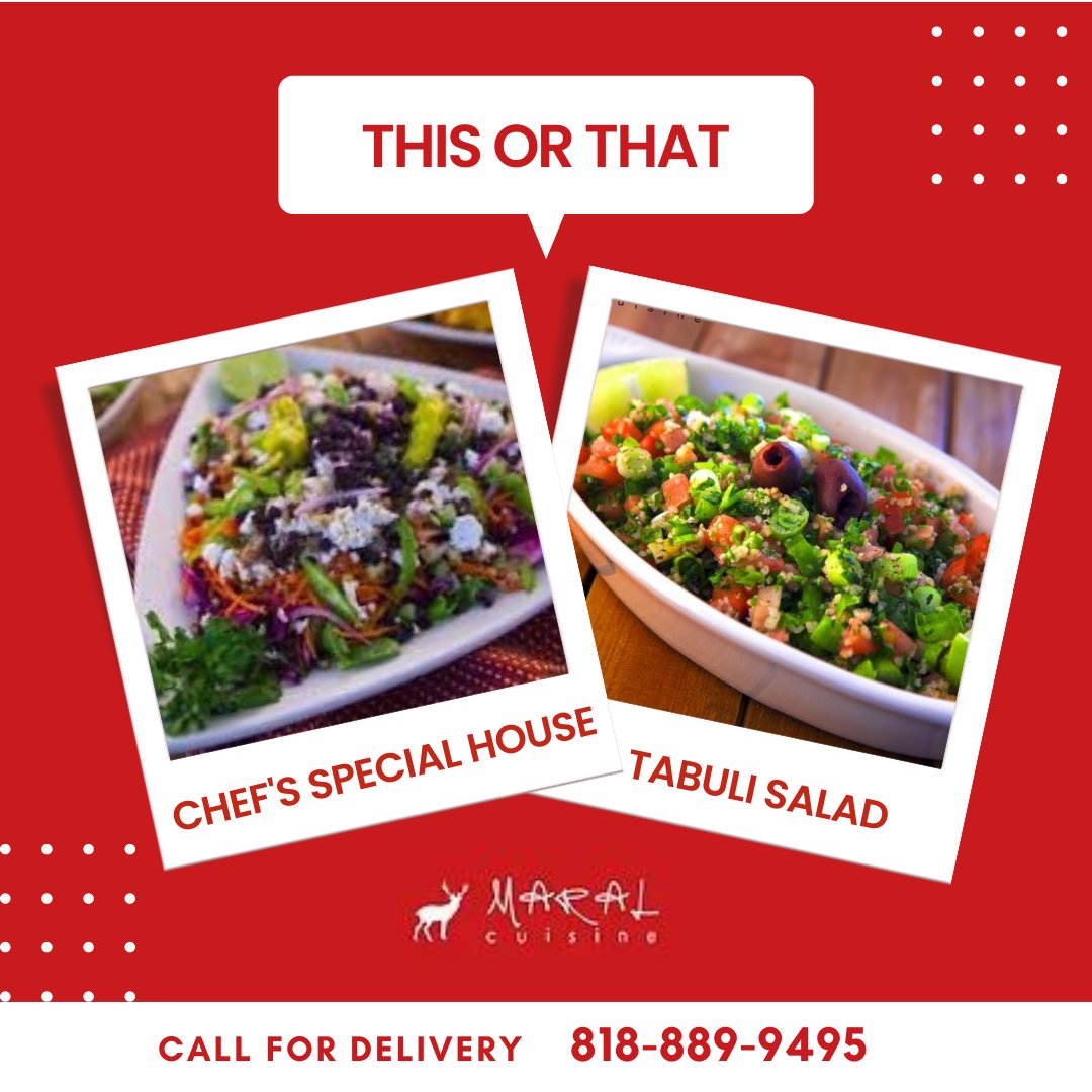 It's time to pick your favorite! Do you prefer the classic Chefs Special House Salad or the flavorful Tabuli Salad?🥗 

Visit us at 5843 Kanan Road, Agoura Hills, CA. For delivery and pick-up, 📞818-889-9495!

#persianfood #iranianfood #persiancuisine #agourahills