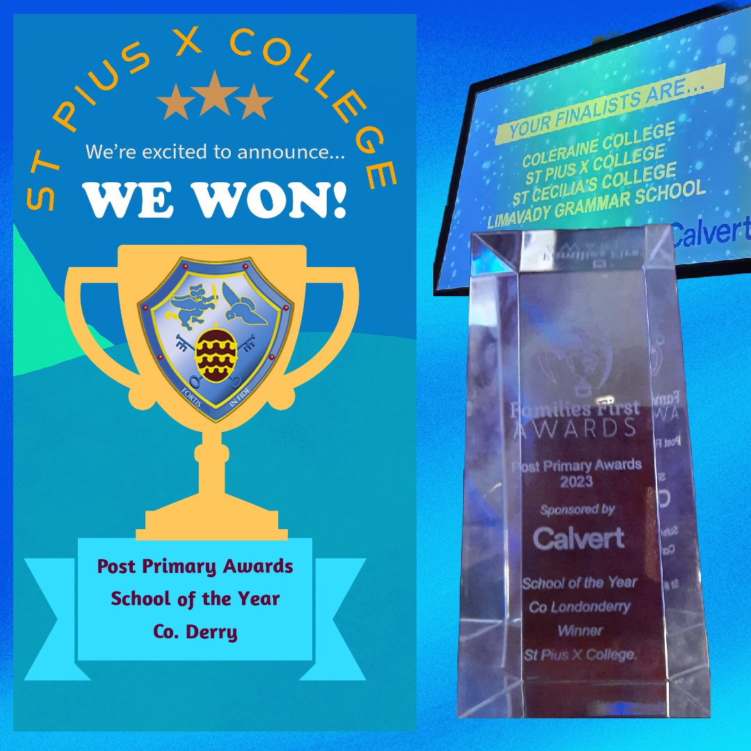 spxcollege's tweet photo. 🌟An Amazing evening tonight!
We are delighted to have won School of the Year for Co. Derry!🏆
Thank you to everyone who took the time to vote, your terrific support is greatly appreciated!
👏👏👏
#PiusProud #SPXFamily
❤️💛💙🤗
@PrincipalPiusX @spxks3 @spxks4 @spxpost16 https://t.co/8Ibt9J9Z8t