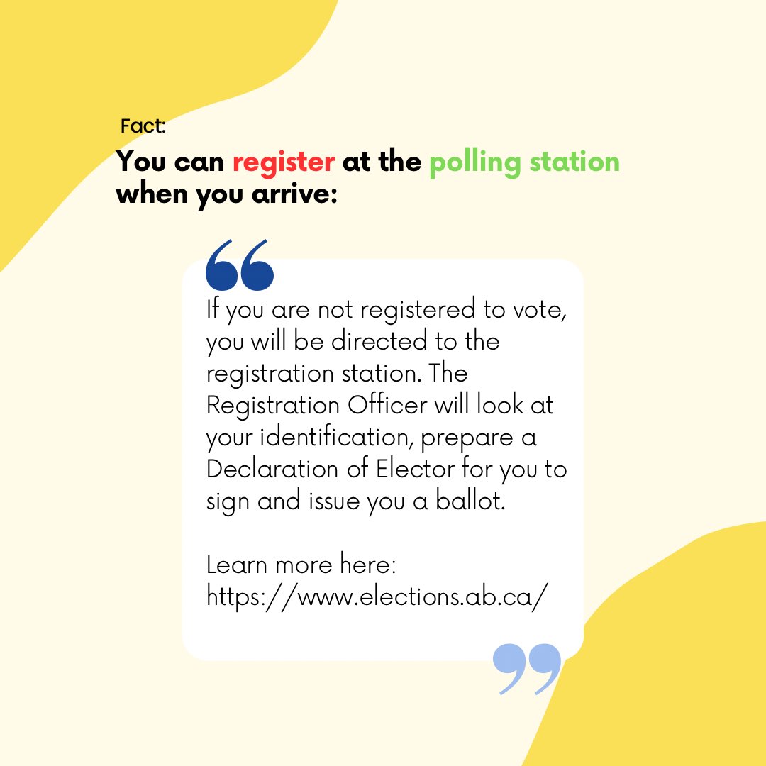 YEGShapers's tweet photo. A common myth is that you have to be registered prior to going to the polling station. This is not true! You can register to vote AT the polling station the day you vote.

 #MyVoiceCountsAB #abpoli #ableg #abvote #election #abelection #alberta #yoothtothebooth https://t.co/JcJBJoUKTa