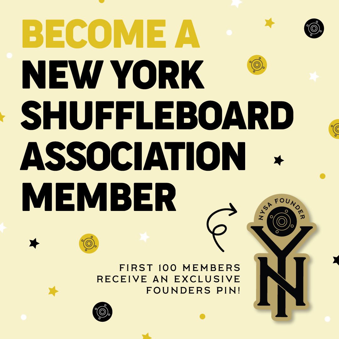 📣BIG NEWS 📣You can now become a member of NYSA! For $30 a year, members get access to NYSA events and an exclusive member enamel pin. 

We have lots of great stuff planned, and your support will help make it all possible: newyorkshuffleboard.org/join