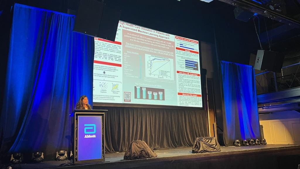 Honored to take the stage at @AbbottCardio featured #WomeninEP presentation session at #HRS23. ML models can identify high need high cost AF patients (biggest predictors: age>65, LOS>7d) to prevent readmissions. Thanks @SafeBeat team @olayiwolabolaji @kunjgpatel #2023PaceSetter
