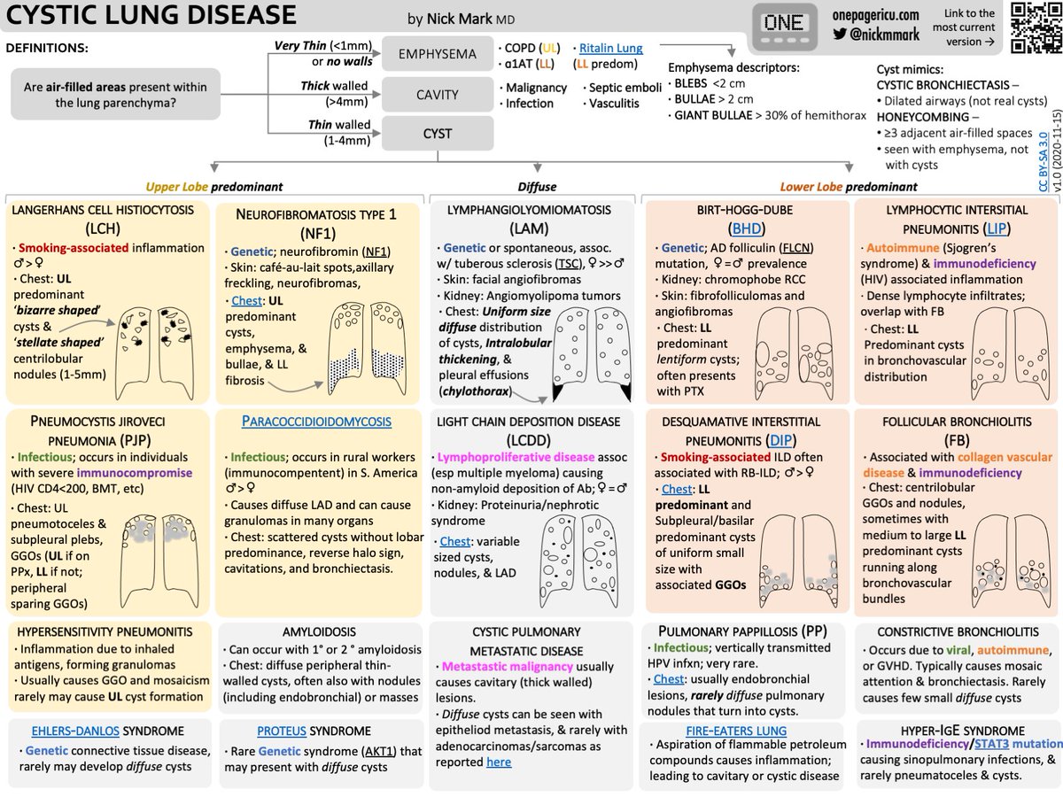 ICU OnePager approach to diffuse cystic lung disease:
📖Definitions: cyst vs cavity vs bleb/bullae
🫁Upper vs lower lobe predominance
🎈Cyst size & morphology
🚬Risk-factors/Dx associations
🧬Genetic causes: LAM, LCH, BHD, etc
🔬Path & clinical findings

onepagericu.com/cystic-lung-di…