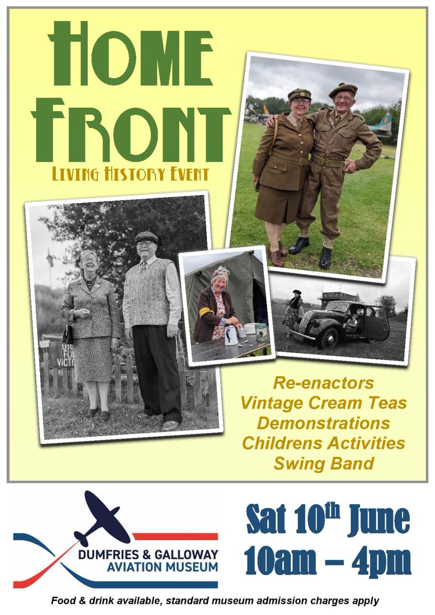 To coincide with the expansion of our #homefront exhibit we're holding our 1st ever 1940s Home Front #livinghistory event on Saturday 10th June. Just 3 weeks to go!
Come in 1940s dress & get half price entry.
#dumfries #dumfriesandgalloway #aviation #museum #ww2 #1940s #reenactor