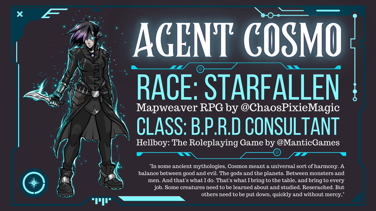 ChaosPixieMagic's tweet photo. Meet COSMO! My brand new #dnd character for our 3rd Party campaign over on @RepRPG! We'll be launching this show on FRIDAY THE 27TH!
Race: Starfallen (from my own #MapweaverRPG setting)
Class: B.P.R.D Consultant from the Hellboy #Ttrpg by @manticgames
I love her already ... https://t.co/Iv3FIjTDZK