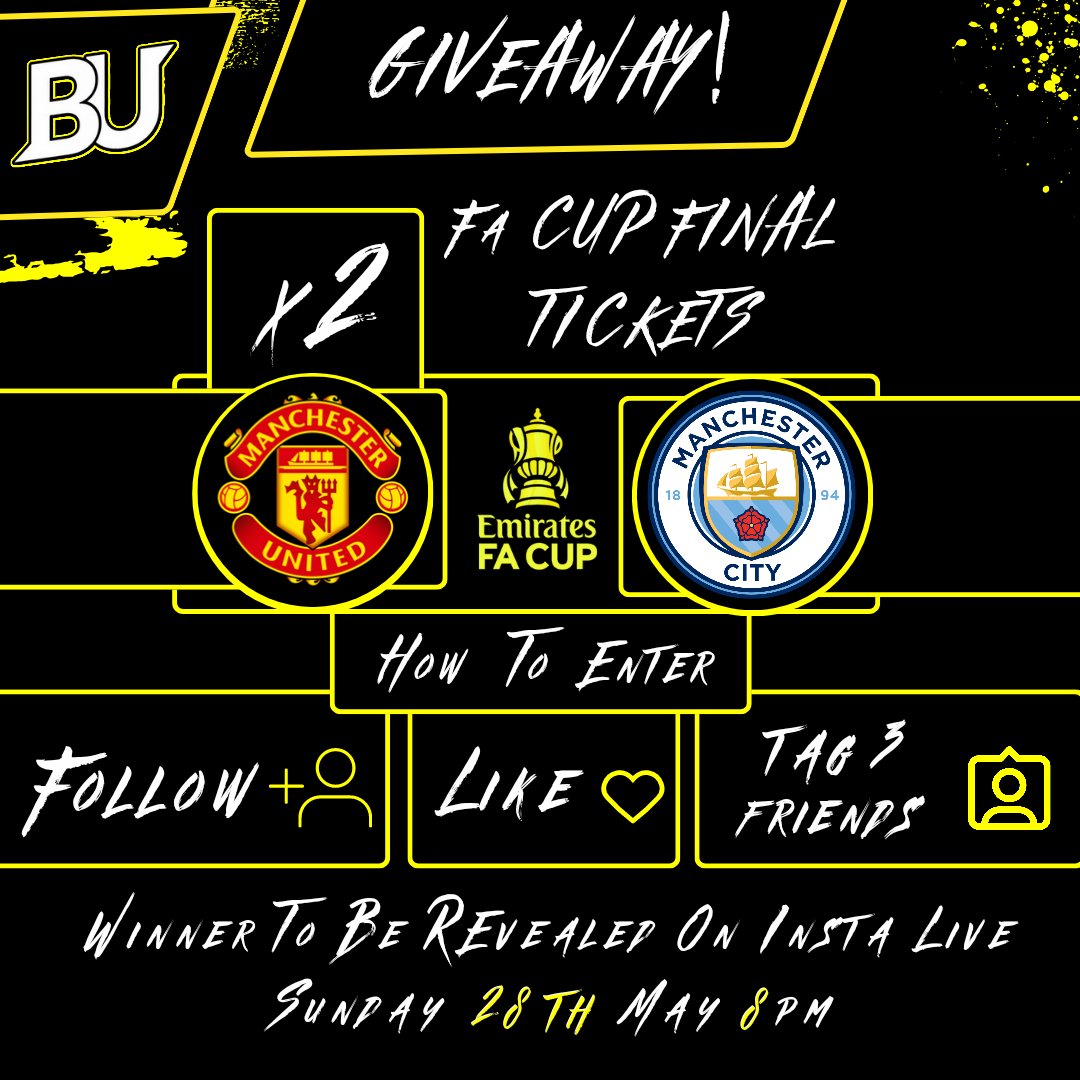 🎉 GIVEAWAY ALERT! 🎉
 
🎟️We're giving away 2 FA Cup final tickets!🎟️

👉 Follow us, retweet and tag 3 friends in the comments for a chance to win! 🏆✨

📢 Winner will be announced live on insta on Sunday 28th May 8pm 📢

#FACupFinal #GIVEAWAY #mancity #MUFC #birminghamunited
