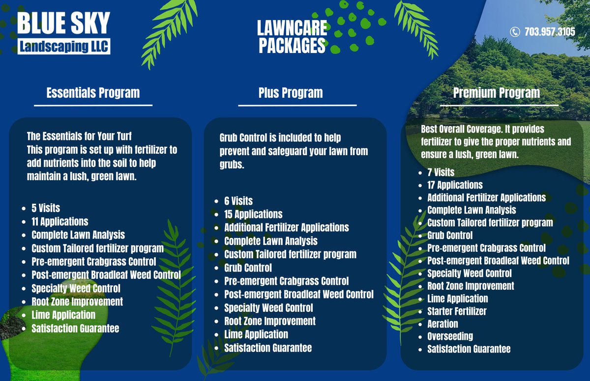 #Lawncare is the process of providing overall care to your lawn which includes the health of turf and soil. Lawn care involves the treatment of your lawn, including #fertilization, #weedcontrol, #SoilHealth , and #aeration.

blue-skylandscaping.com/lawn-care
Check out our packages here ⤵️