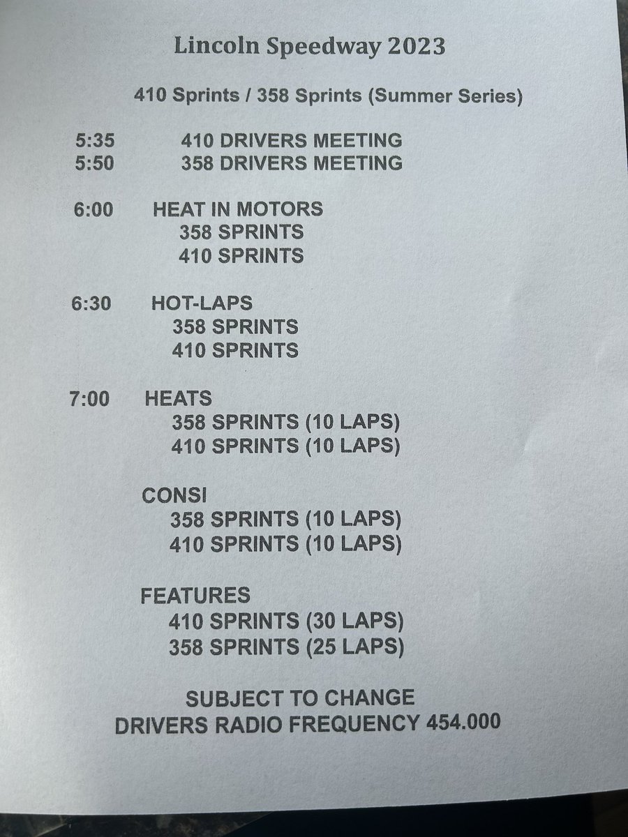 Lincoln Speedway on Twitter "Schedule of events for tonight’s F&S