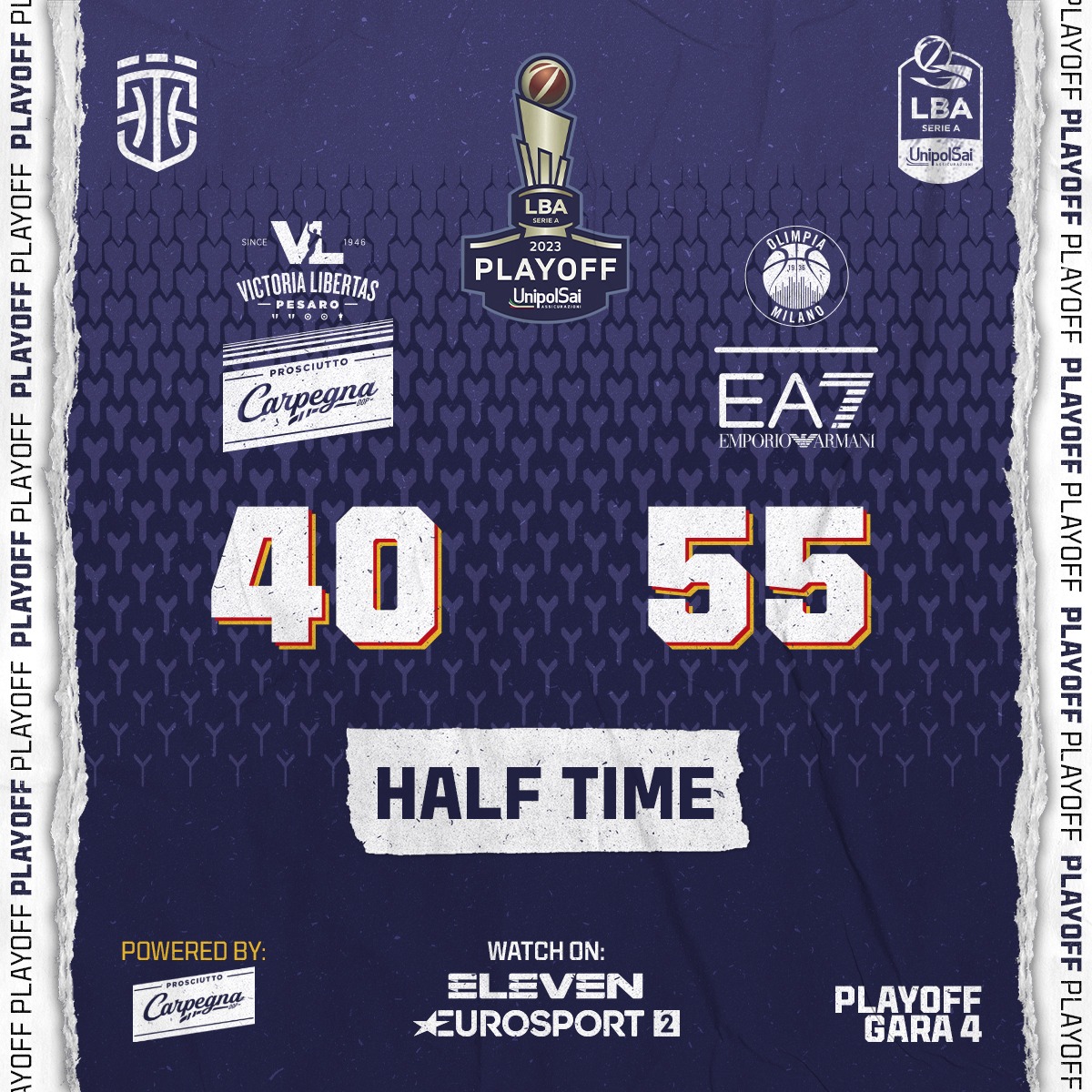 VLPesaro's tweet photo. Alla Vitrifrigo Arena il primo tempo di Gara 4 quarti playoff Γ¨ dell'@OlimpiaMI1936 π
11 punti per @Silisss15 π₯
Forza ragazzi, non molliamo! πͺβͺπ΄
#ioVL #PesaroMilano #YesPlayOff https://t.co/FwjYruyBW5