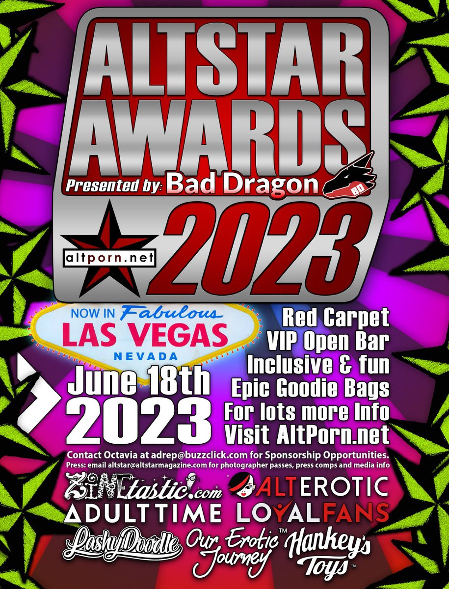 June 17
Pool party at convention hotel 3pm-5pm
Mixer with food and drink 5pm-7pm

June 18
Red carpet 7pm
#AltStarAwards ceremony 10pm

Nominees get comped tickets. Ticketing live soon!

questions, hotel room block early access, sponsorships, press altporn.net/contact/