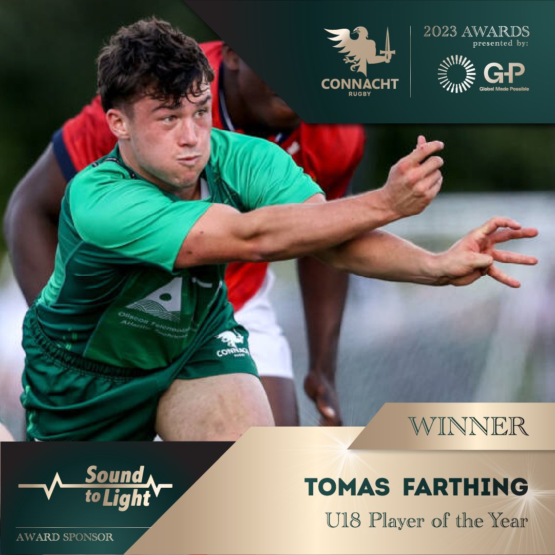 Our first winner of the night is Tomas Farthing

Tomas is our Men's U18 Player of the Year

#ConnachtRugbyAwards | @soundtolightgal | @GlobalEOR