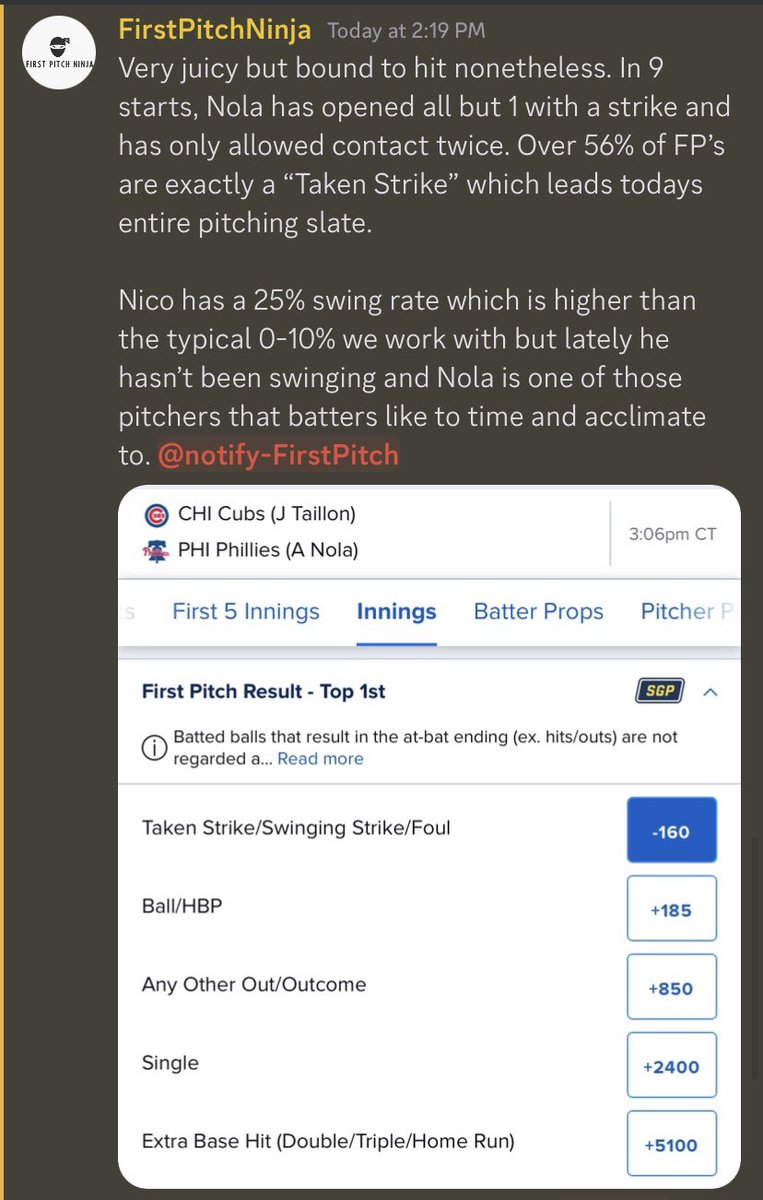 FirstPitchNinja's tweet photo. Sorry it took so long. Dropped 3 other plays in the discord as well. Let’s cash!
#GamblingTwitter https://t.co/zxIBgGS9nI