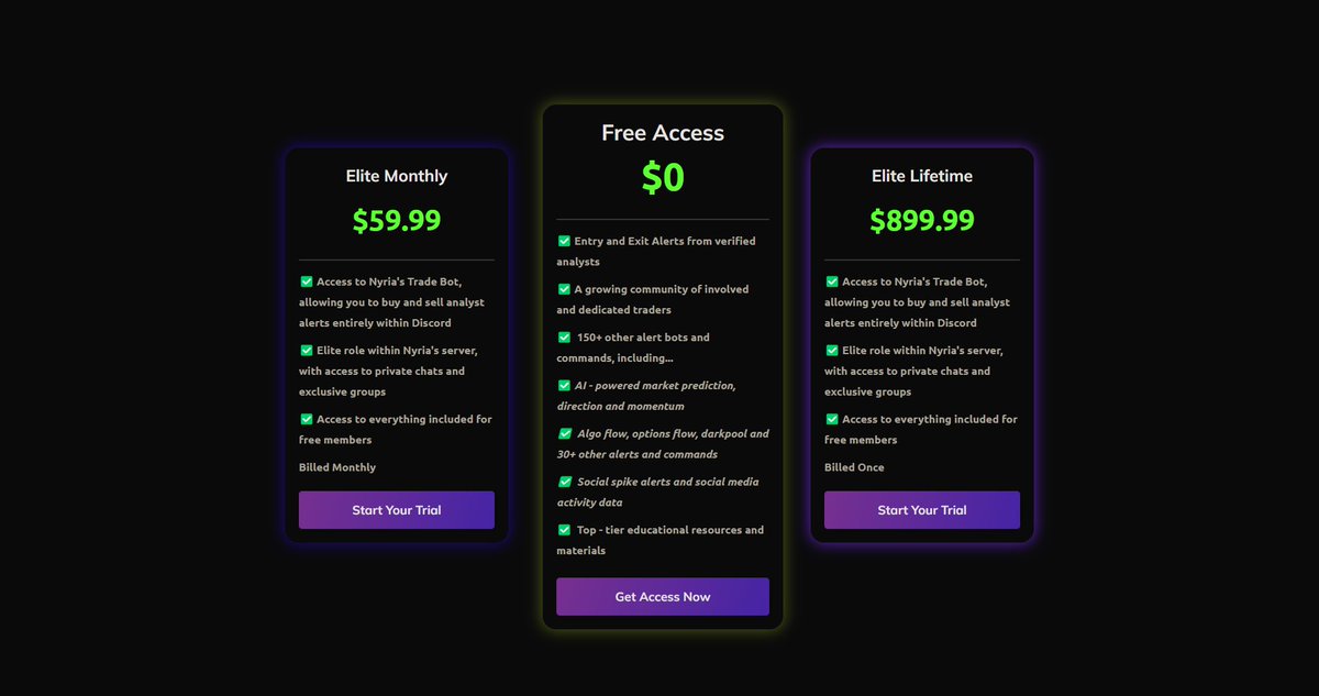 6 // 

Getting Access 🔓

Nyria's Trade Bot is currently available for a 1-week free trial in Nyria's community server, paired with our 100% free option alerts 👇
[nyriabot.io/get-access]

Or, are you interested in offering the bot on your Discord? 
[nyriabot.io/for-servers]