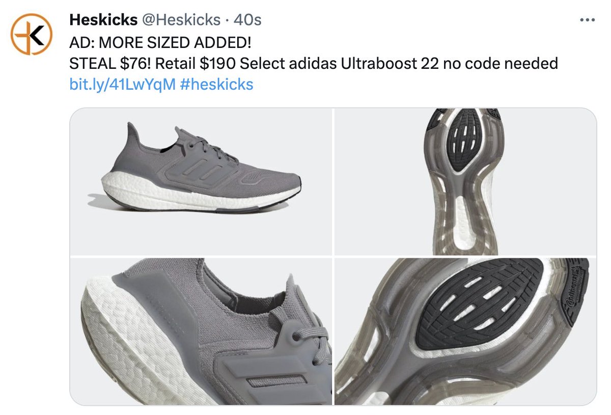 Heskicks's tweet photo. ICYMI! Some steals at adidas right now 🚨$76 #ultraboost22 $112 #terrexfreehikergtx $12 #adiletteslides and more! 
Shop here: https://t.co/tXFXF9xMqN https://t.co/123VYHyIEv