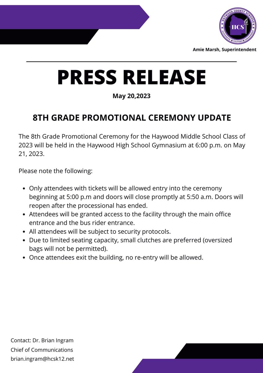 <a href="/HMSTomcats/">Haywood Middle School</a> 8th Grade Promotional Update