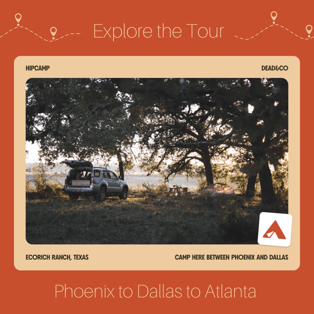 EcoRich Ranch, a 100 acre Richard Creek Valley getaway, is just one of the many @hipcamp spots to stop along the <a href="/deadandcompany/">Dead & Company</a> tour. 

Check out all the Hipcamps available for your trip from Phoenix to Dallas to Atlanta in this interactive map: bit.ly/phx-dallas-atl….