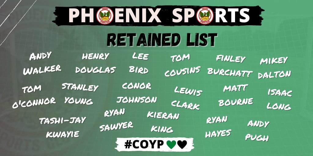 Phoenix Sports are pleased to reveal our Retained List ahead of the 2023/24 Season!

phoenixsportsclub.co.uk/news/retained-…

#COYP 💚🖤