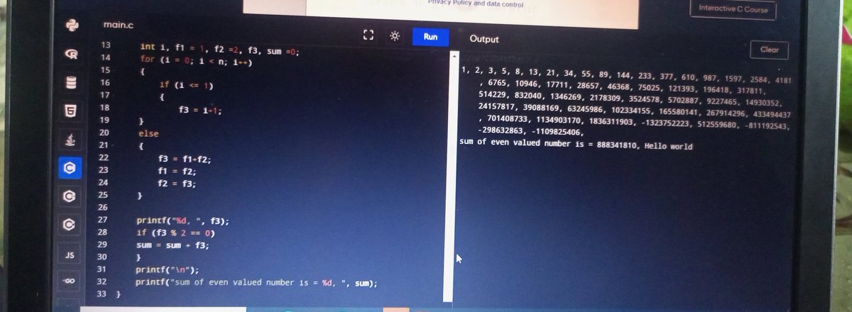 DeeRNner's tweet image. Today, i solved some algorithm in C programming.  I also learnt about fibonacci function which refers to a function that calculate or generate fibonacci number.  It takes an input value, typically an integer, and returns the corresponding fibonacci number. 
#DaysofCoding #Alx_SE