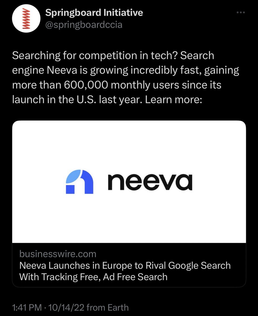 lutherlowe's tweet photo. It’s worth looking back on how Google front groups communicated about Neeva:

Google is so confident in its dominance, it will spend money on front groups to hype its competitors to present the illusion of competition (and thus no need for antitrust enforcement). https://t.co/jMq1whn6W1