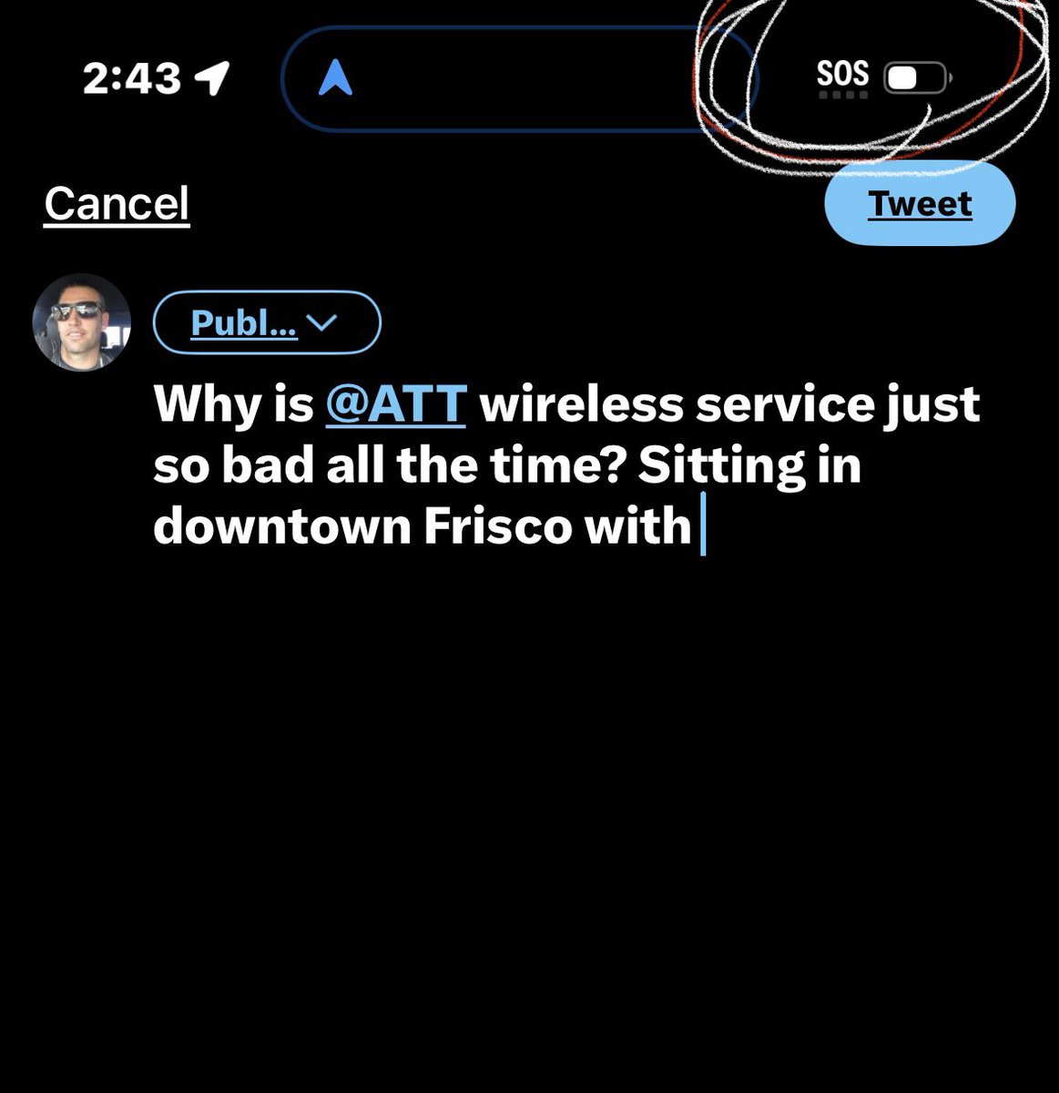 Why is <a href="/ATT/">AT&T</a> wireless service just so bad all the time? Sitting in downtown Frisco and can't even send a complaint tweet. #SOS